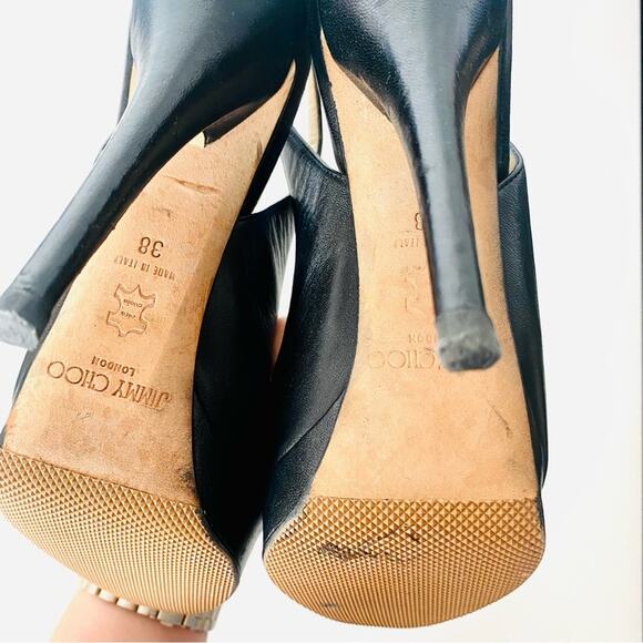 JIMMY CHOO Classic Black Leather Open Peep Toe Heeled Slingback Sandals Shoes 38 - Picture 6 of 16